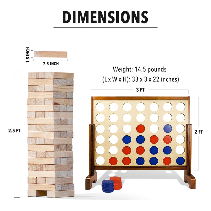 YardGames Giant Tumbling Timbers Wood Stacking Game Bundle with 4 in a Row Game