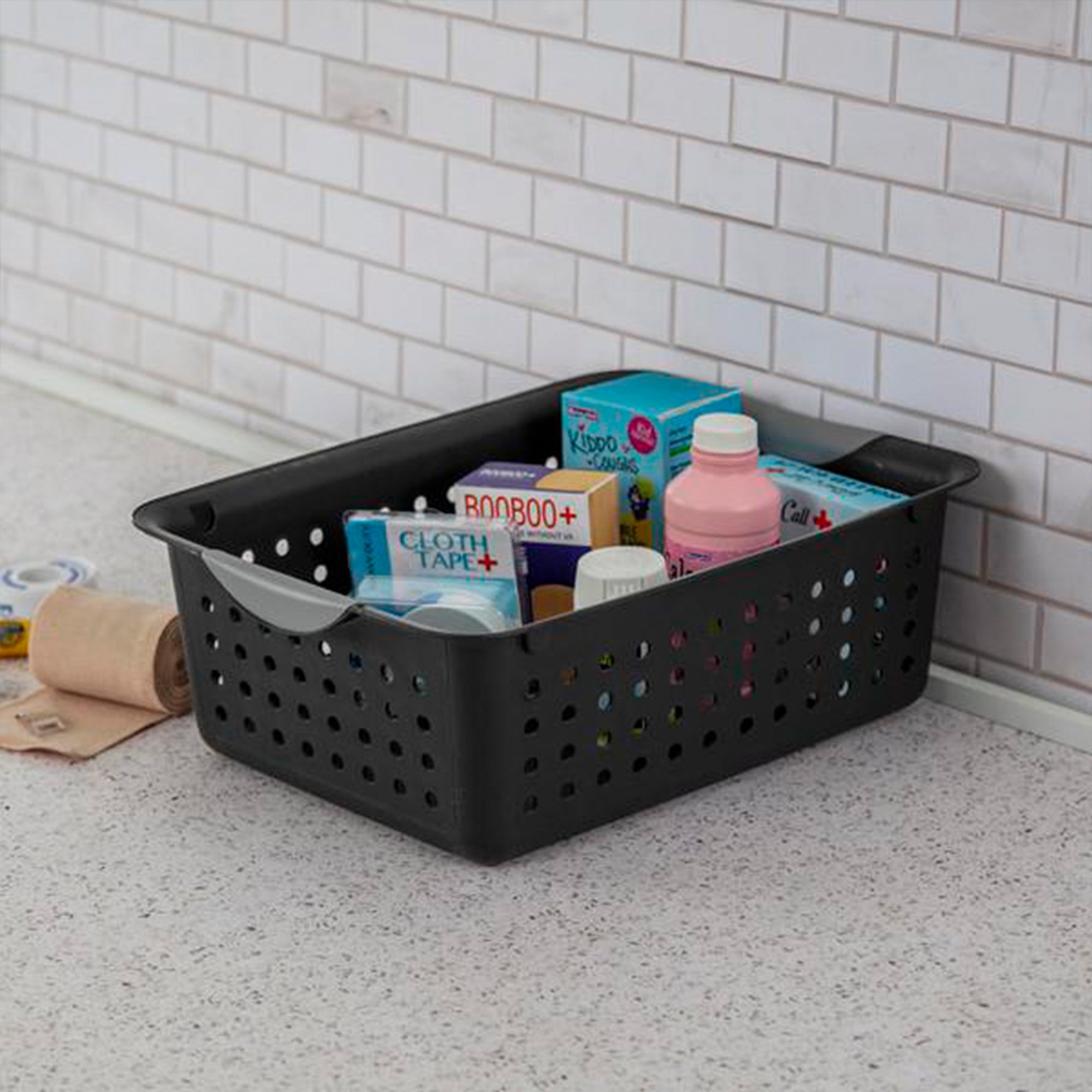 Sterilite Medium Ultra Storage Basket with Contoured Handles, Black (6 Pack)