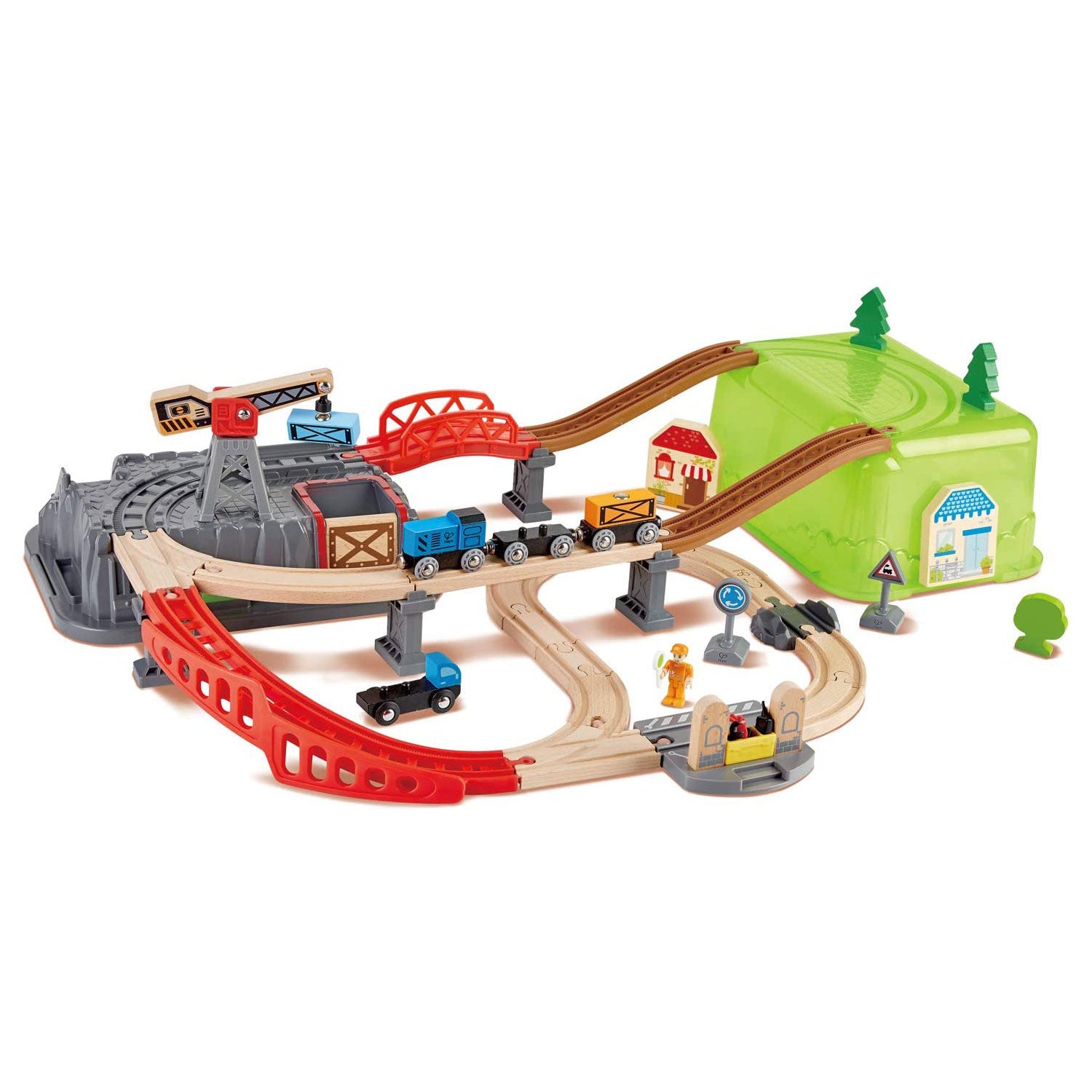Hape E3764 50 Piece Railway Bucket Builder Set Construction Kit with Accessories