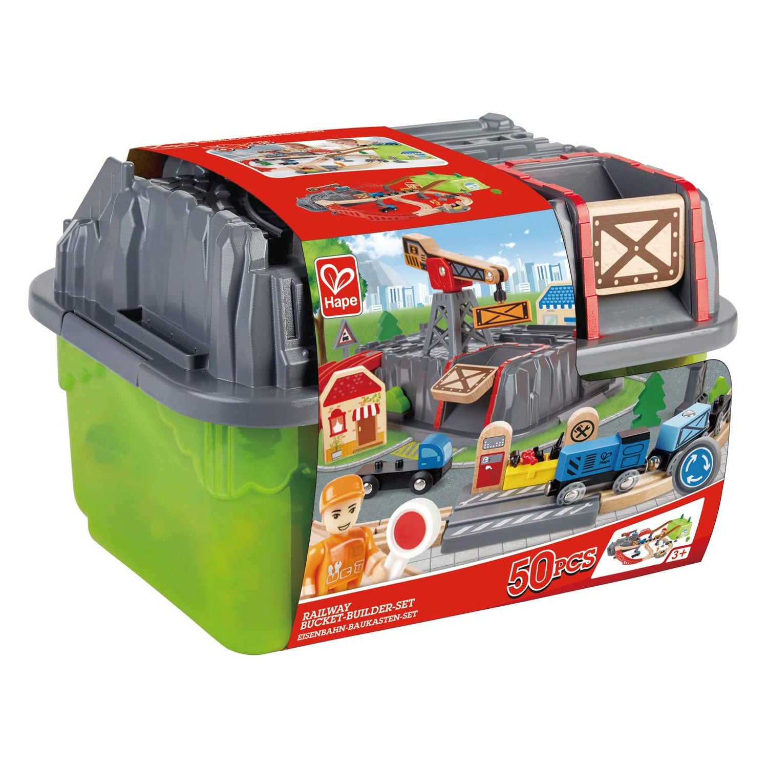 Hape E3764 50 Piece Railway Bucket Builder Set Construction Kit with Accessories