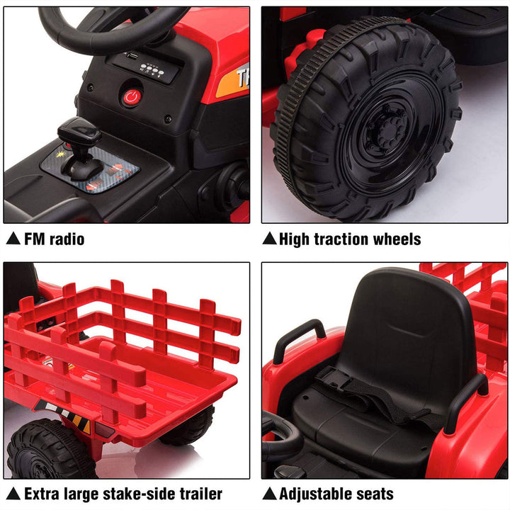 TOBBI 12V Kids Electric Battery-Powered Ride On Toy Tractor with Trailer, Red - VMInnovations