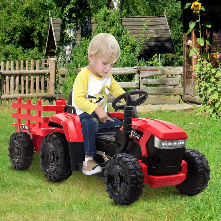 TOBBI 12V Kids Electric Battery-Powered Ride On Toy Tractor with Trailer, Red - VMInnovations