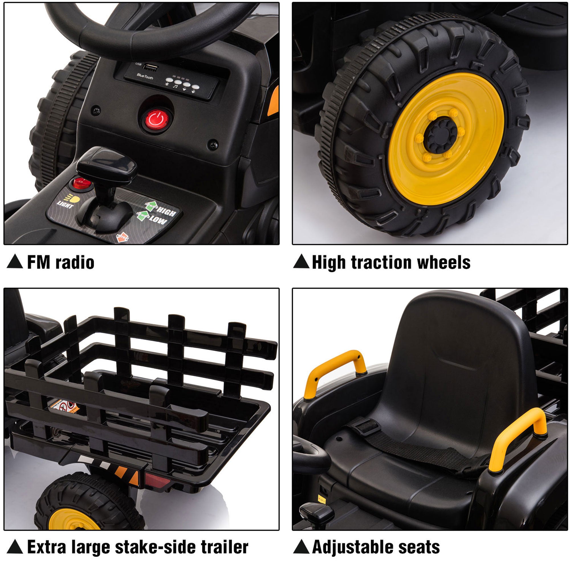 TOBBI 12V Kids Electric Battery-Powered Ride On Toy Tractor with Trailer, Black