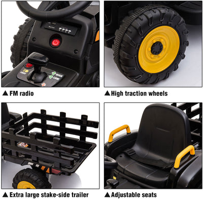 TOBBI 12V Kids Electric Battery-Powered Ride On Toy Tractor with Trailer, Black
