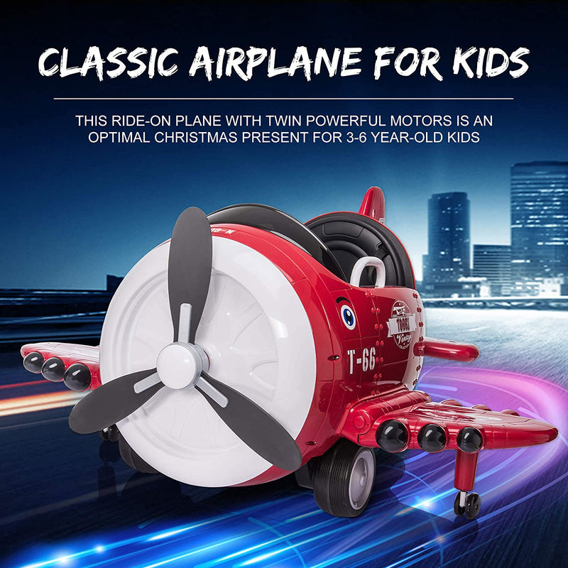 TOBBI 12V Airplane Style Electric Kids Ride On Car Toy w/ Joystick Control, Red