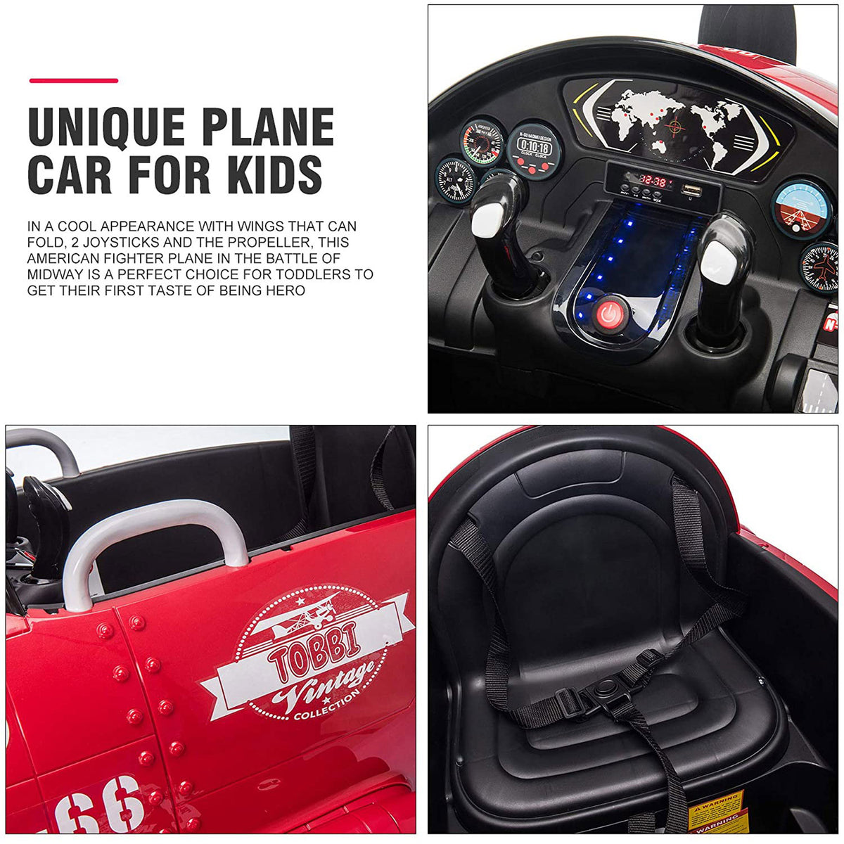 TOBBI 12V Airplane Style Kids Ride On Toy w/Joystick Control, Red (For Parts)