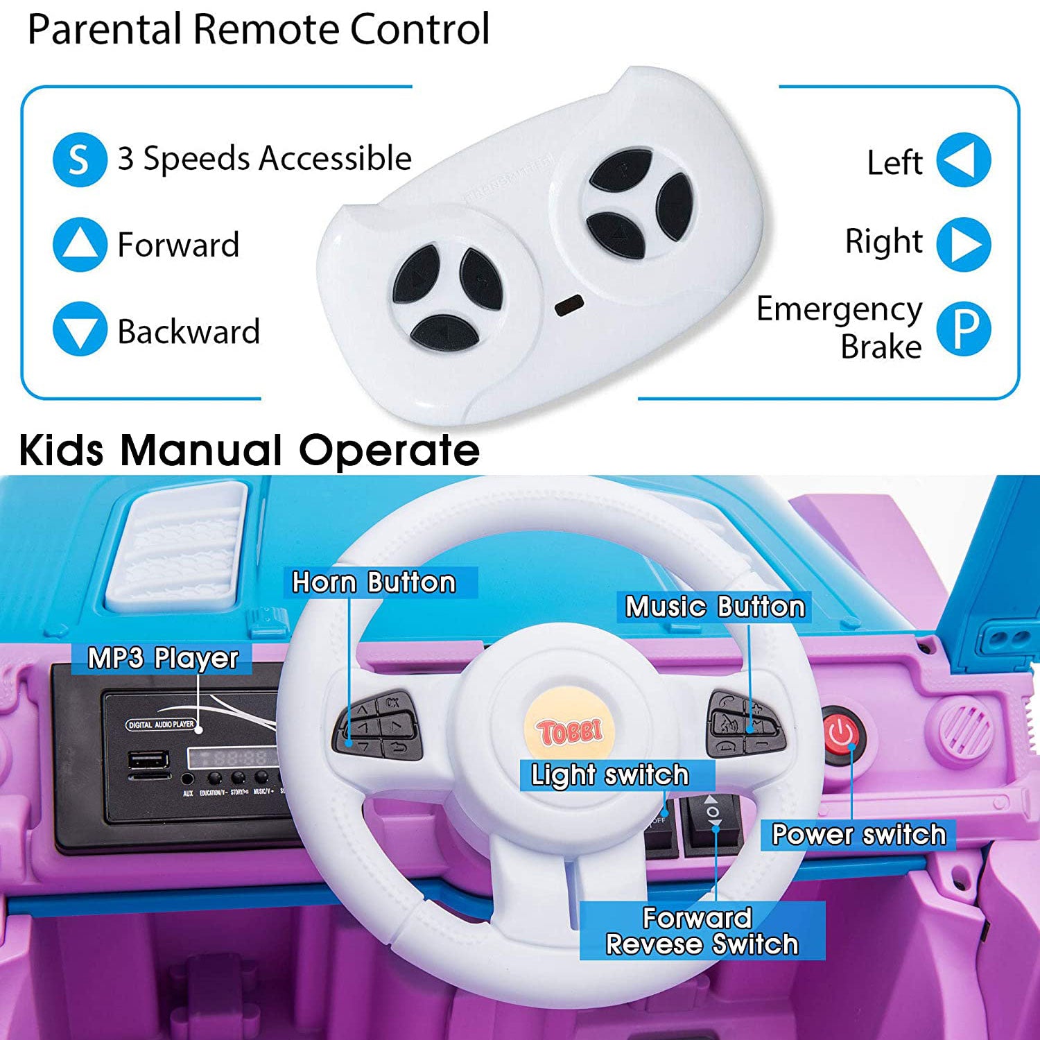 TOBBI 12V Kids Electric Battery-Powered Ride On 3 Speed Toy SUV Car, Blue/Purple - VMInnovations