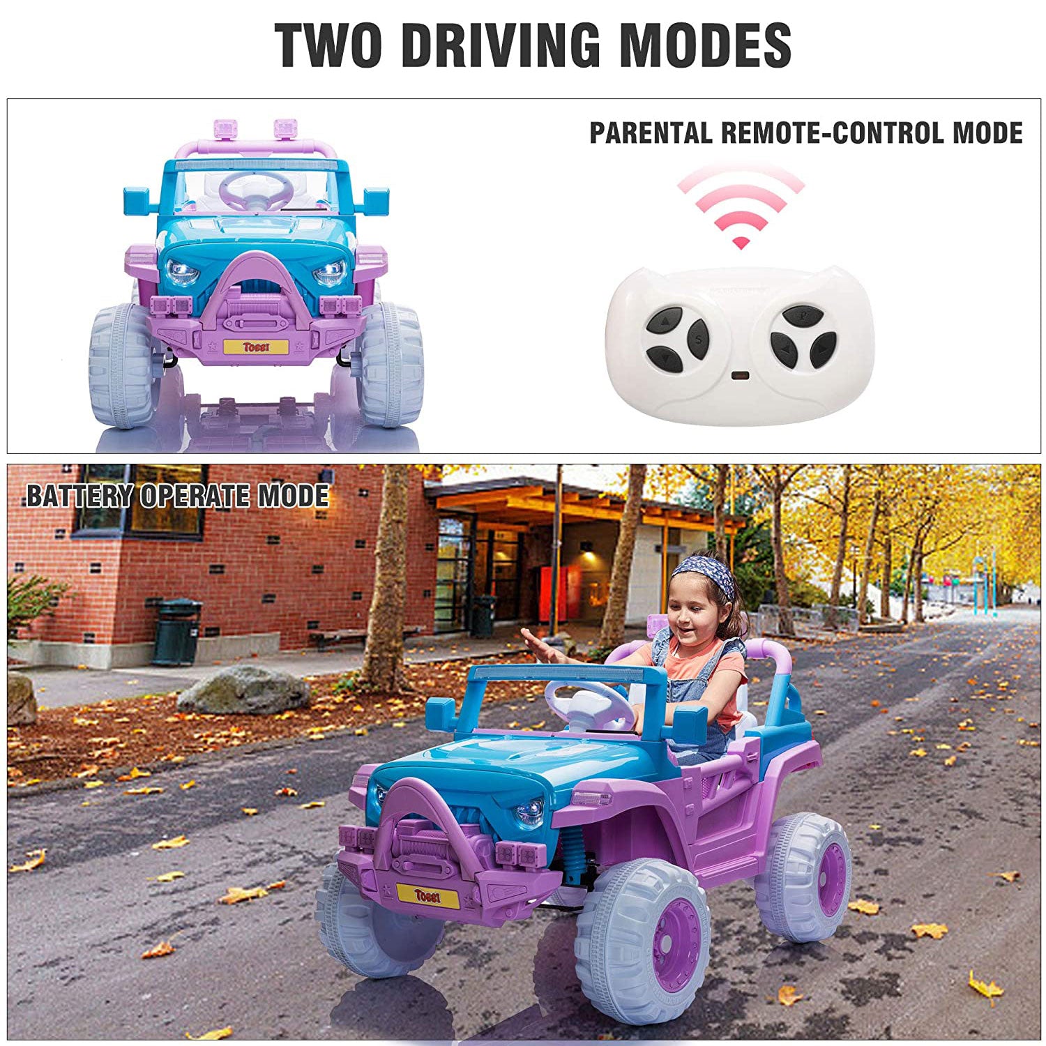 TOBBI 12V Kids Electric Battery-Powered Ride On 3 Speed Toy SUV Car, Blue/Purple - VMInnovations