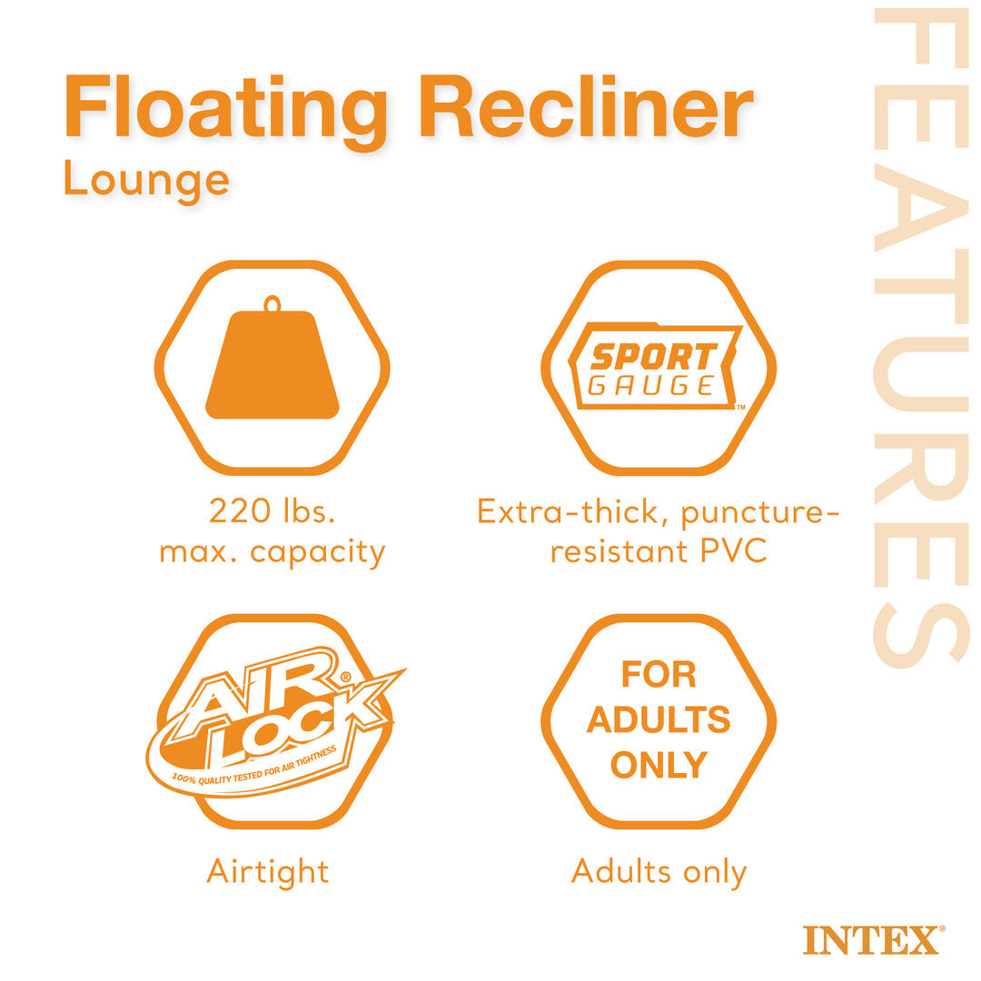Intex Floating Recliner Inflatable Lake Lounge, Pool Float Chair w/ Cup Holders
