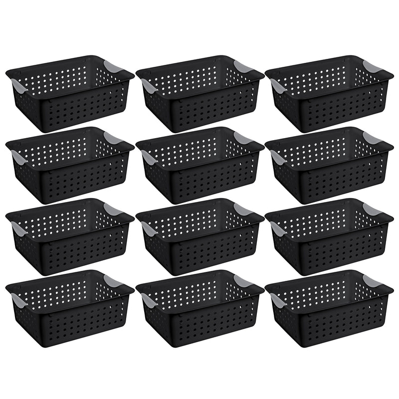 Sterilite Medium Ultra Storage Basket with Contoured Handles, Black (12 Pack)