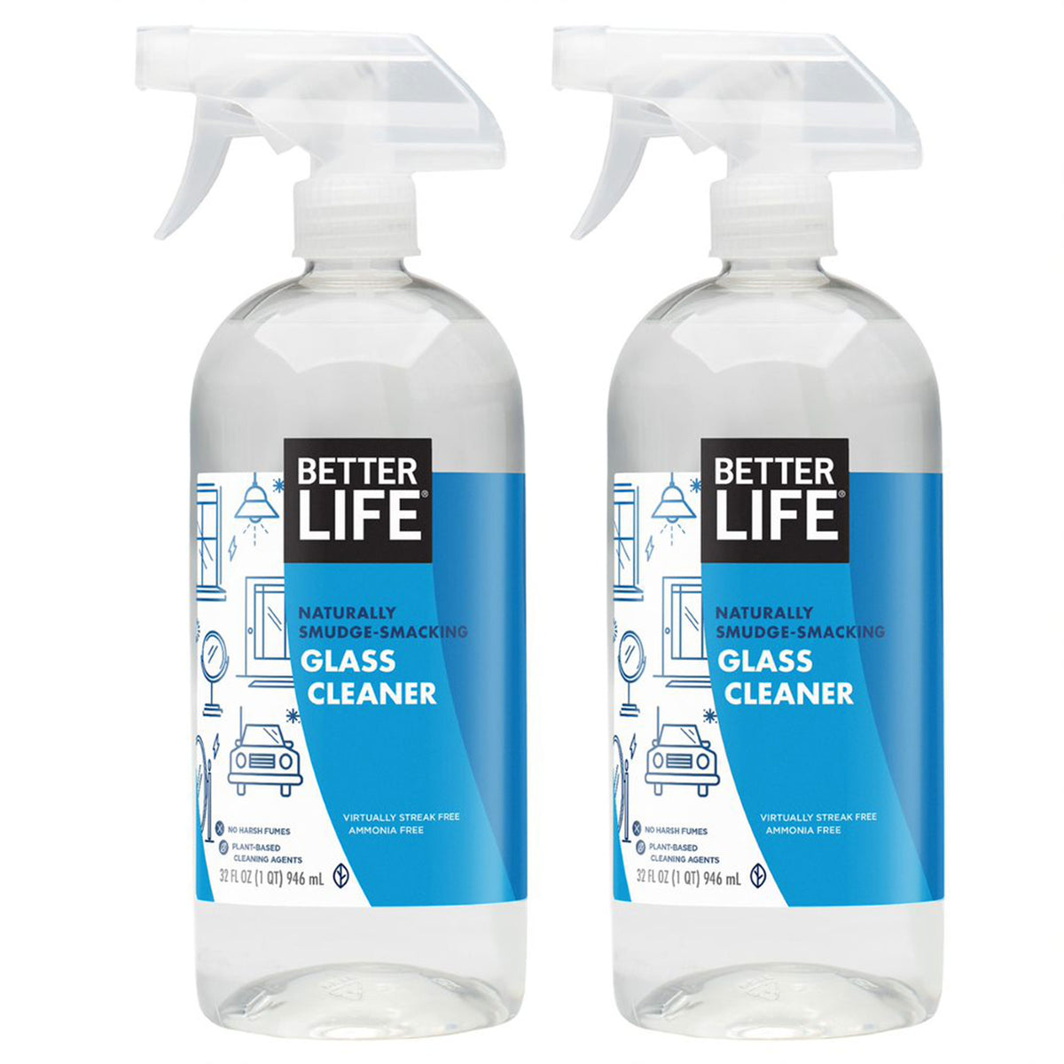 Better Life Unscented Natural Streak Free Glass Cleaner Spray, 32 Oz (2 Pack)