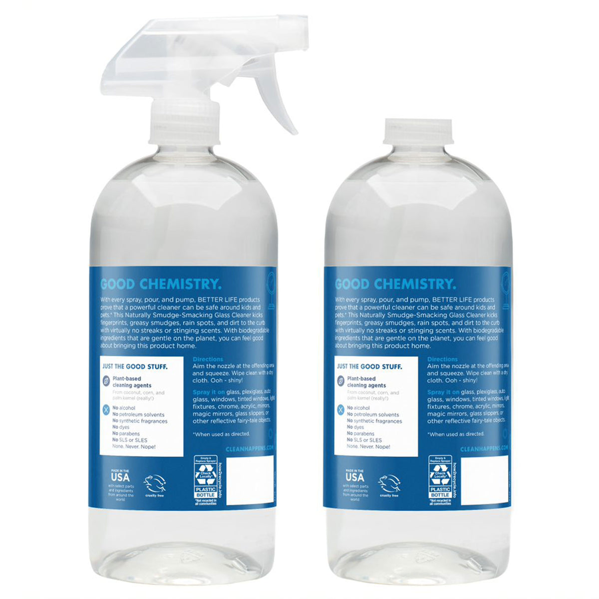 Better Life Unscented Natural Streak Free Glass Cleaner Spray, 32 Oz (2 Pack)