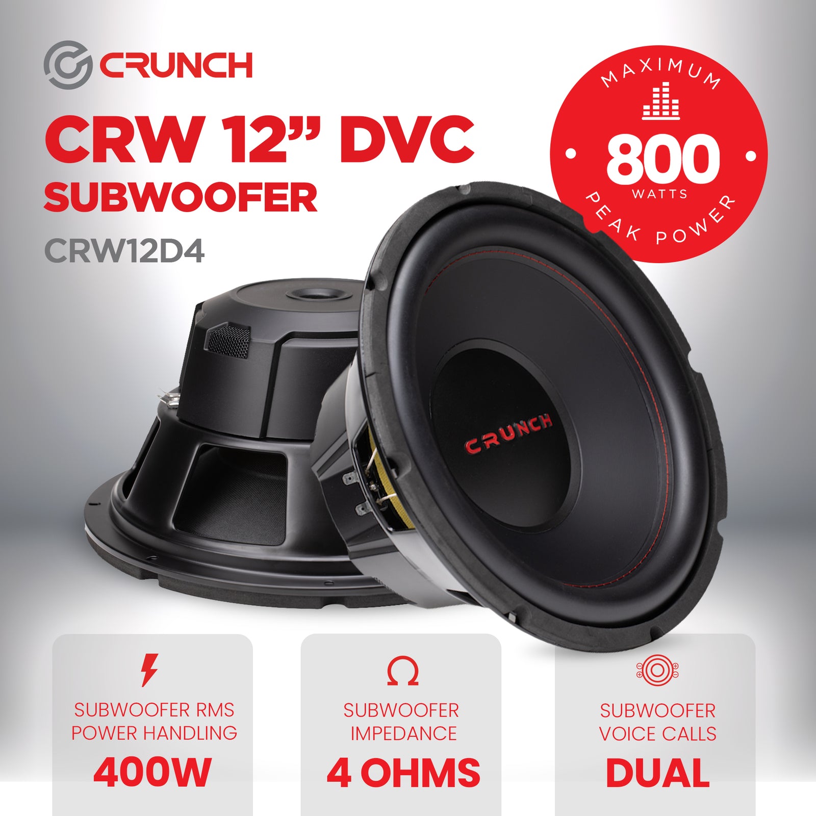 Crunch CRW12D4 12 Inch 800 Watt MAX 4 Ohm Dual Voice Coil Car Subwoofer Speaker - VMInnovations