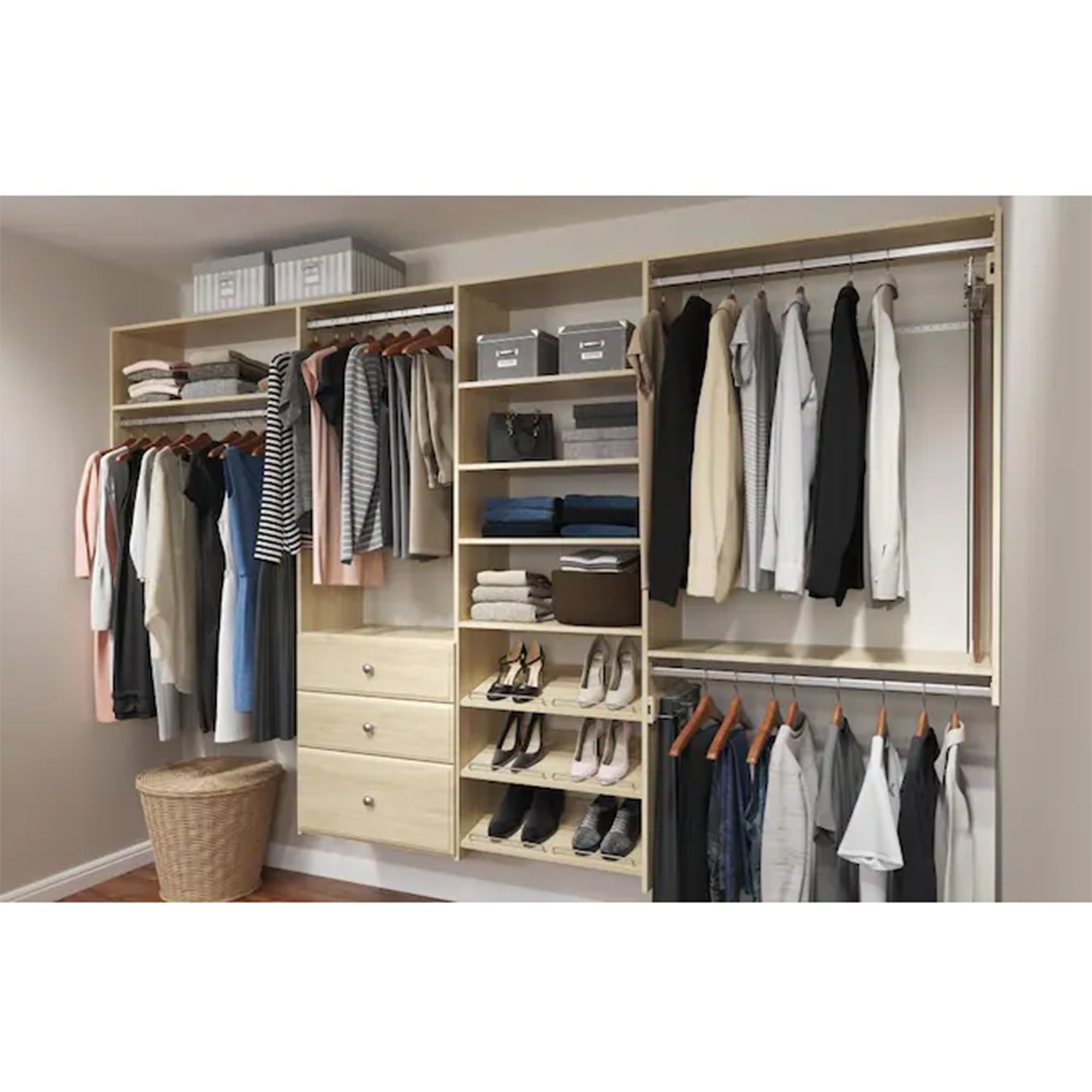Easy Track Deluxe 8 Inch Tall Wood Closet Shelf Storage Drawer, Honey Blonde