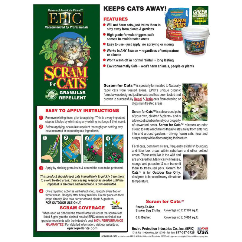EPIC Scram for Cats Outdoor Organic All Natural Granular Repellent, 6 Lb Bucket