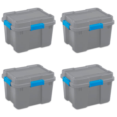 Sterilite 20 Gal Tote Storage Container Box w/ Lid, Titanium Gray/Blue (4 Pack)