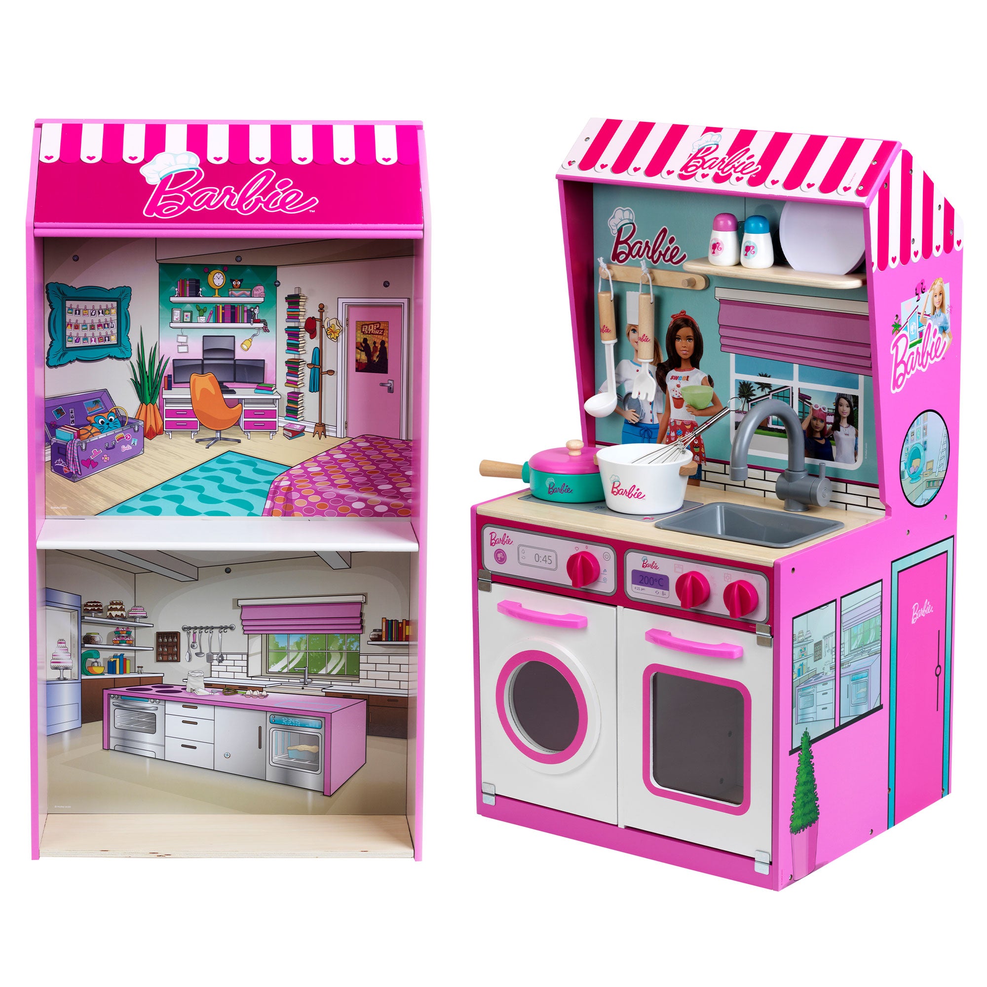 2 In 1 Barbie Pretend Play Toy Kitchen and Dollhouse for Kids 3 & Up (Open Box) - VMInnovations