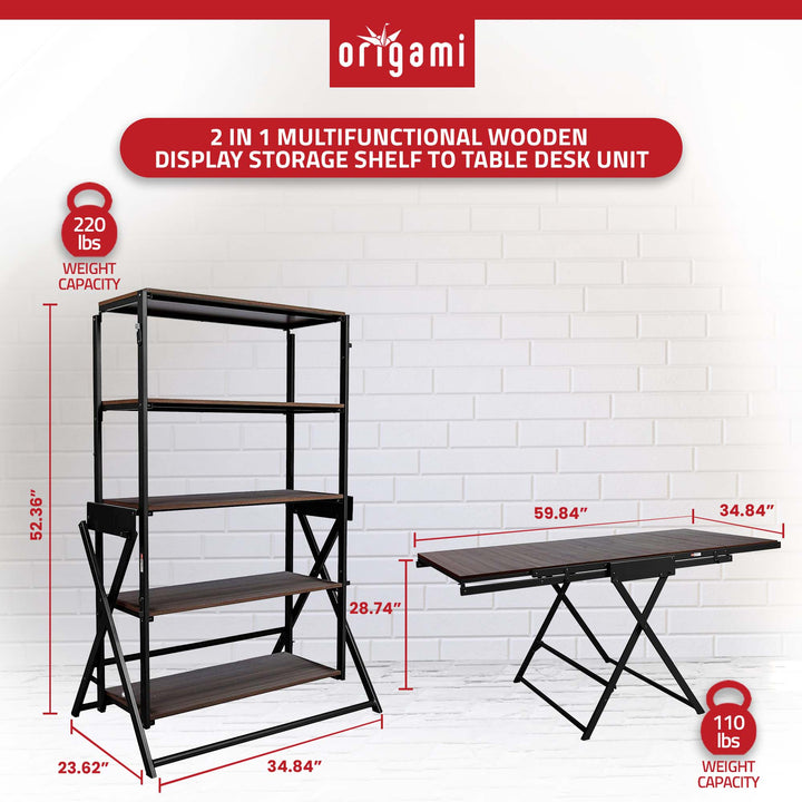 Origami 2 in 1 Multifunctional Wooden Storage Shelf To Table Desk Unit(Open Box)