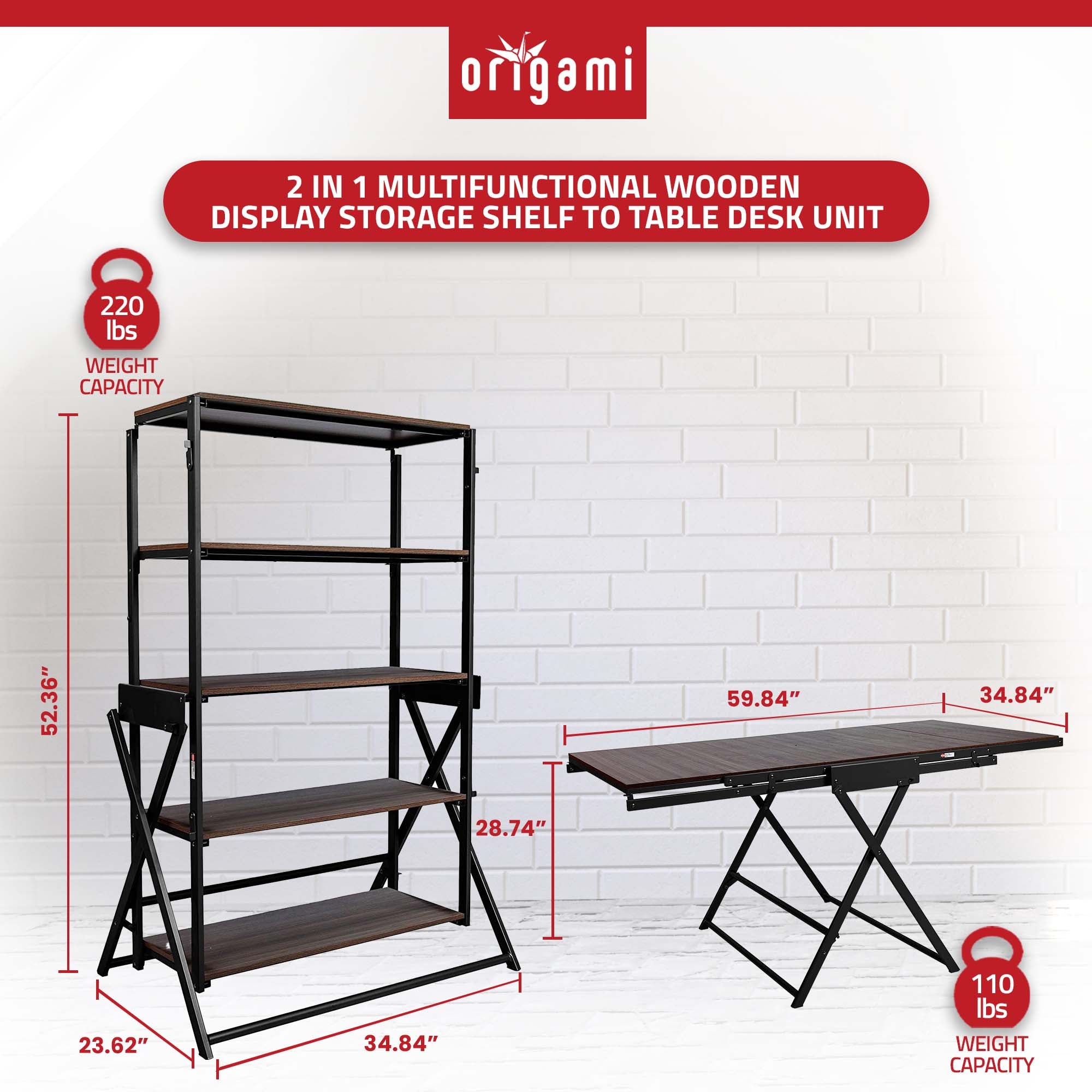 Origami 2 in 1 Multifunctional Wooden Storage Shelf To Table Desk Unit(Open Box) - VMInnovations