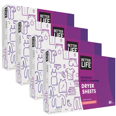 Better Life Hypoallergenic Dryer Sheets, Lavender Grapefruit, 80 Count (4 Pack)