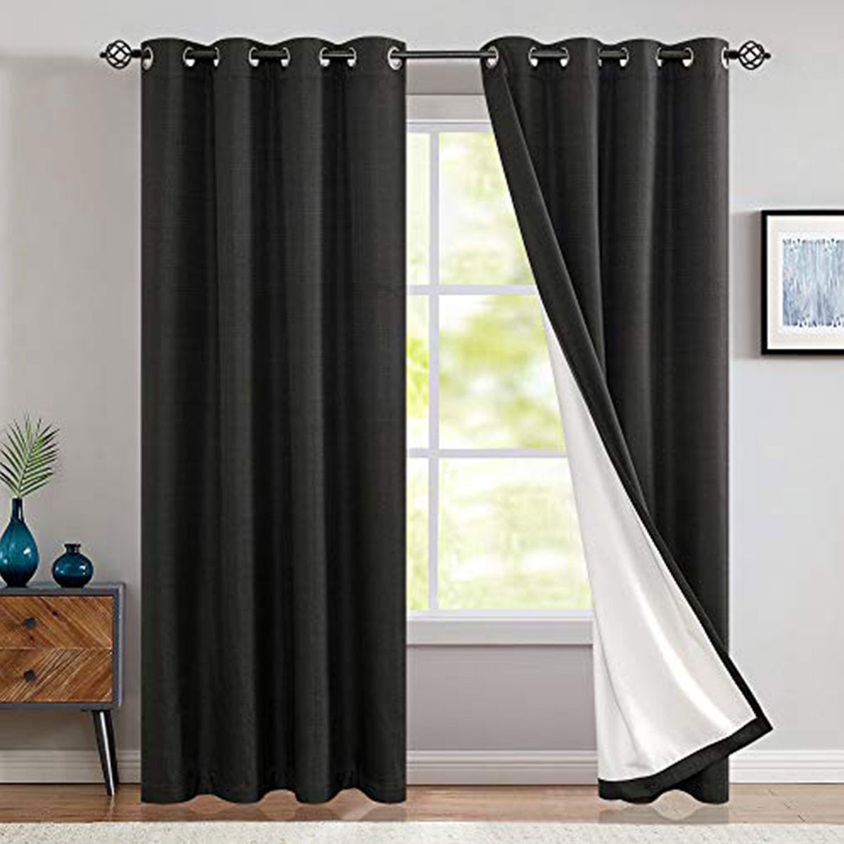 JINCHAN Polyester 50 x 84 Inch Grommet Lined Thermal Curtains, Black (2 Panels)