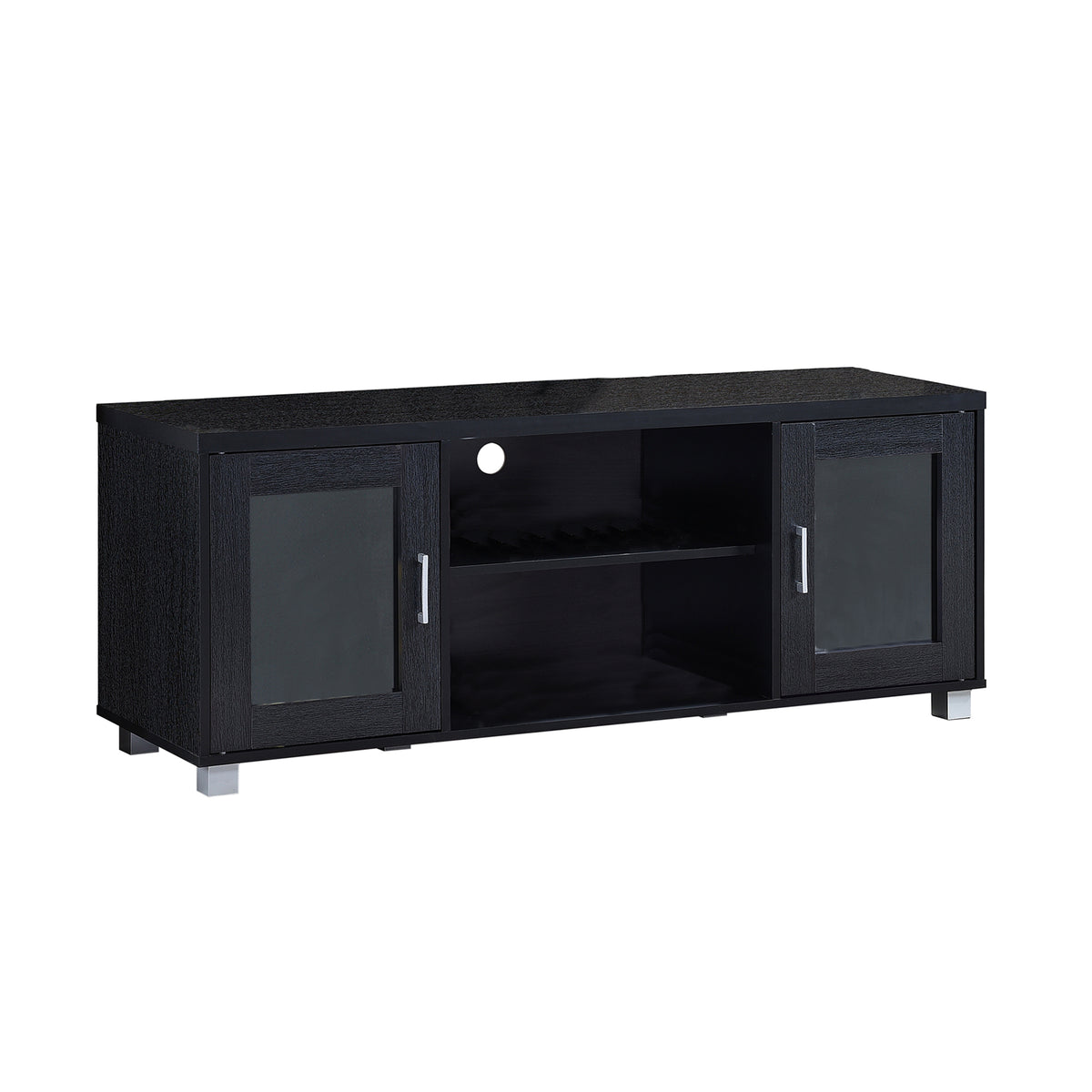 Hodedah Import HITV107 TV Stand Console with Cabinets and Open Shelves, Black