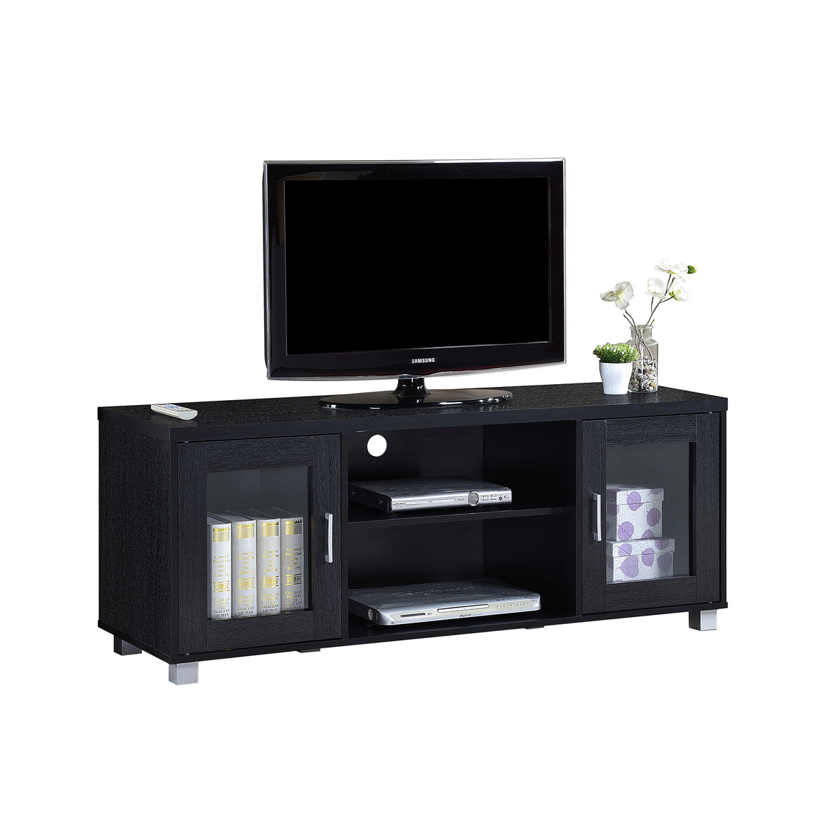 Hodedah Import HITV107 TV Stand Console with Cabinets and Open Shelves, Black