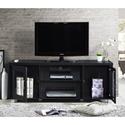 Hodedah Import HITV107 TV Stand Console with Cabinets and Open Shelves, Black