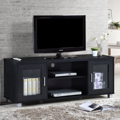 Hodedah Import HITV107 TV Stand Console with Cabinets and Open Shelves, Black