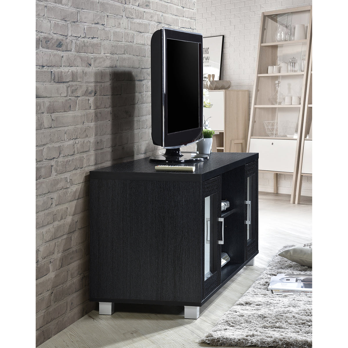 Hodedah Import HITV107 TV Stand Console with Cabinets and Open Shelves, Black