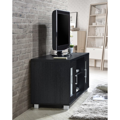 Hodedah Import HITV107 TV Stand Console with Cabinets and Open Shelves, Black