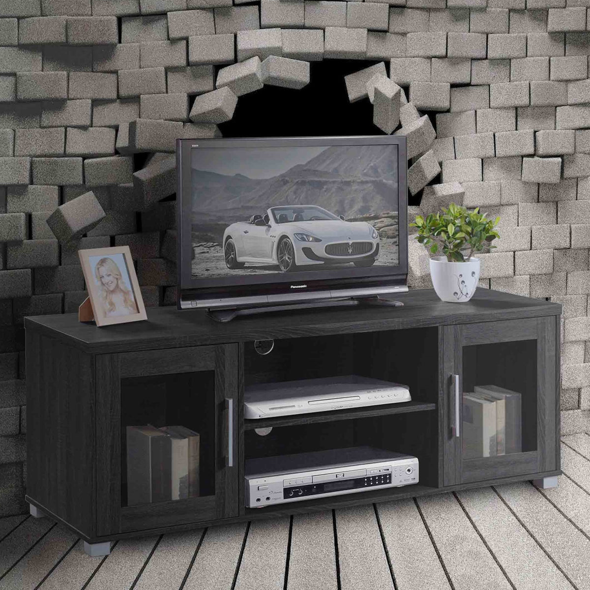 Hodedah Import HITV107 TV Stand Console with Cabinets and Open Shelves, Black