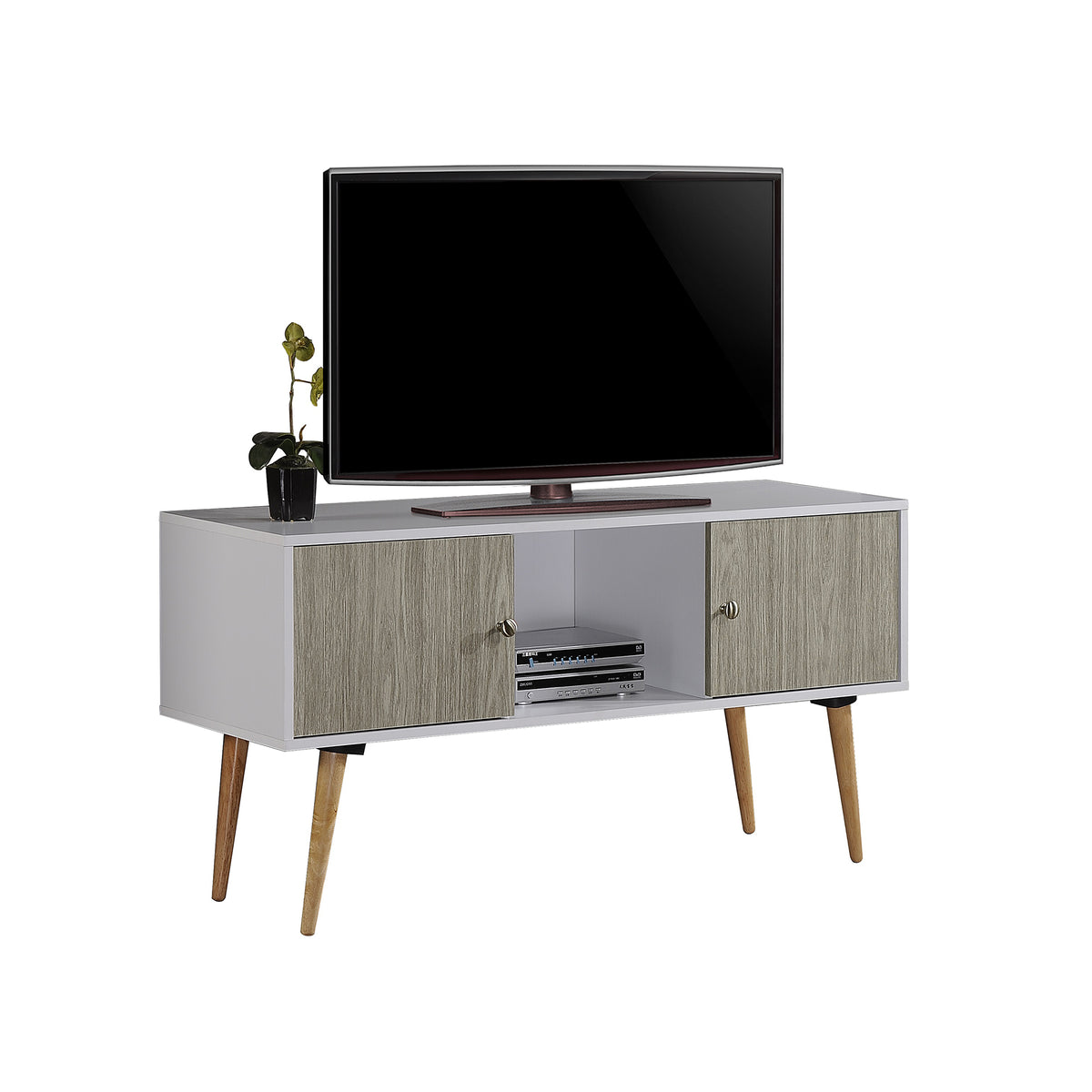 Hodedah Import HITV435 Retro TV Stand w/ 2 Closed Storage Cabinets, White & Gray