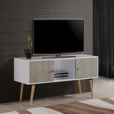 Hodedah Import HITV435 Retro TV Stand w/ 2 Closed Storage Cabinets, White & Gray
