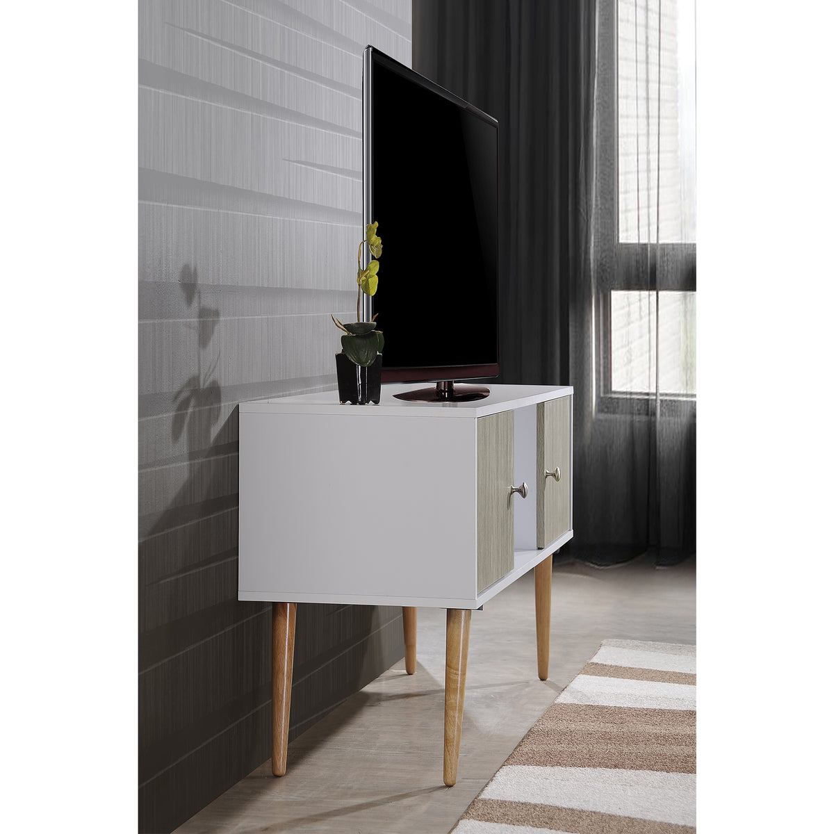 Hodedah Import HITV435 Retro TV Stand w/ 2 Closed Storage Cabinets, White & Gray