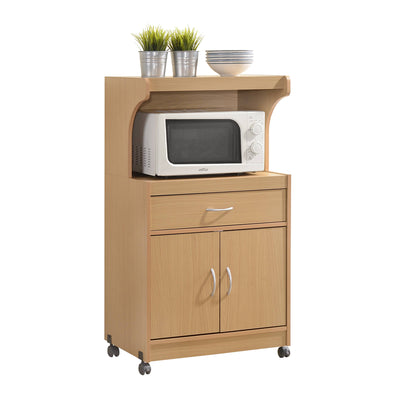 Hodedah Wheeled Microwave Cart with Drawer and Cabinet Storage, Beech (Open Box)
