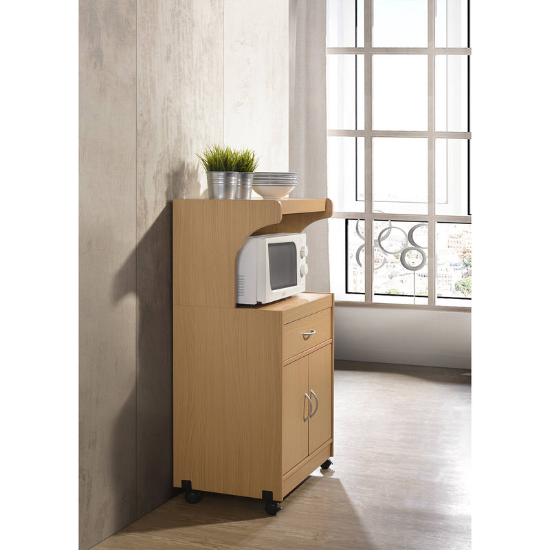 Hodedah Wheeled Kitchen Microwave Cart with Drawer and Cabinet Storage, Beech