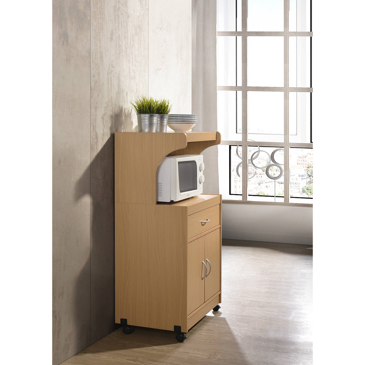 Hodedah Wheeled Microwave Cart with Drawer and Cabinet Storage, Beech (Open Box)