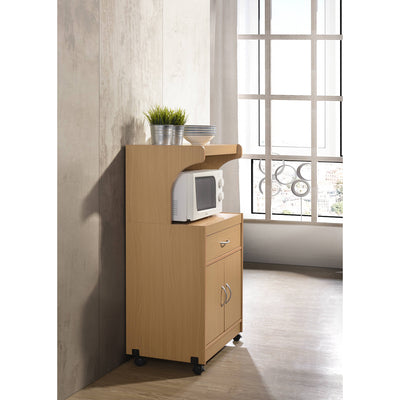 Hodedah Wheeled Microwave Cart with Drawer and Cabinet Storage, Beech (Open Box)