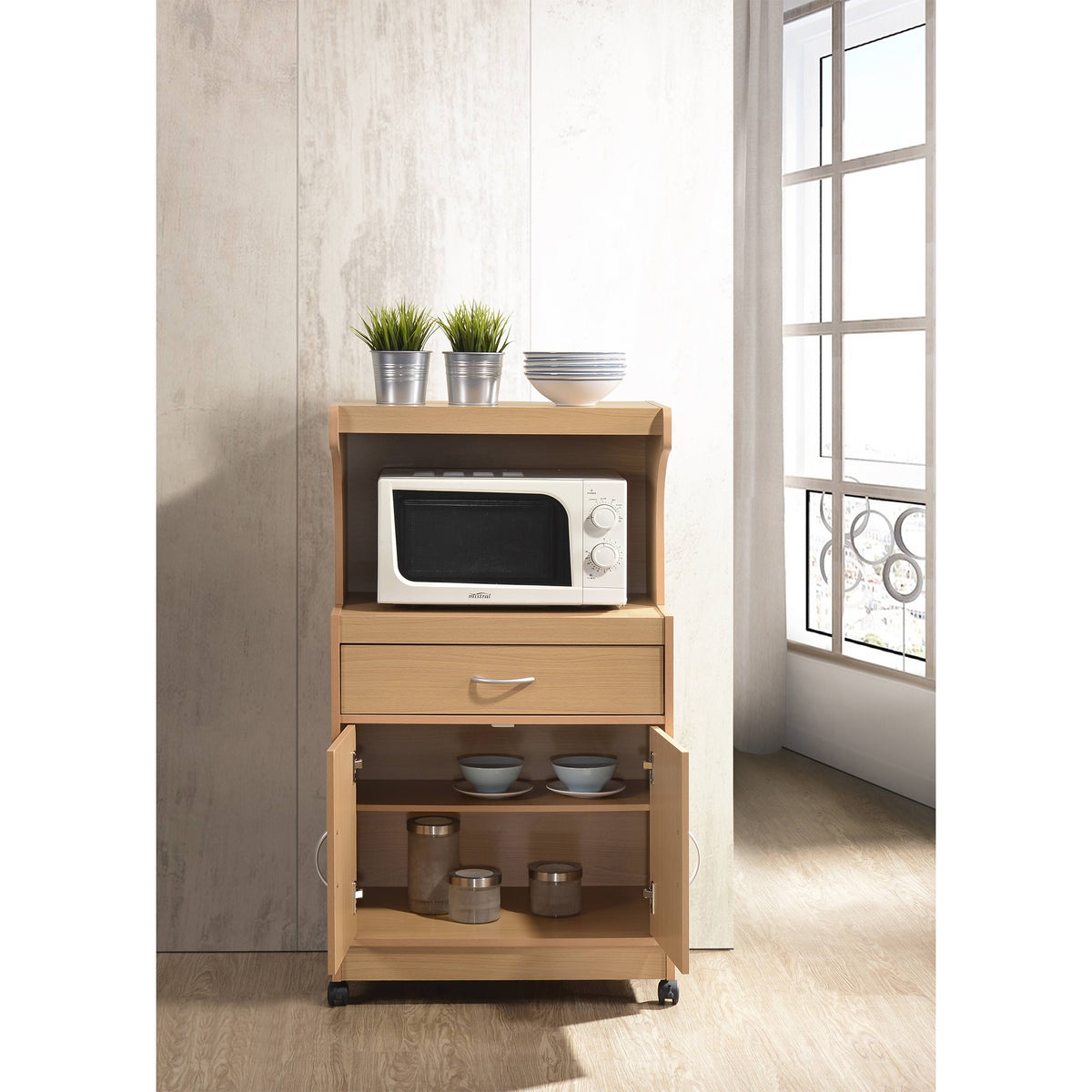 Hodedah Wheeled Microwave Cart with Drawer and Cabinet Storage, Beech (Open Box)