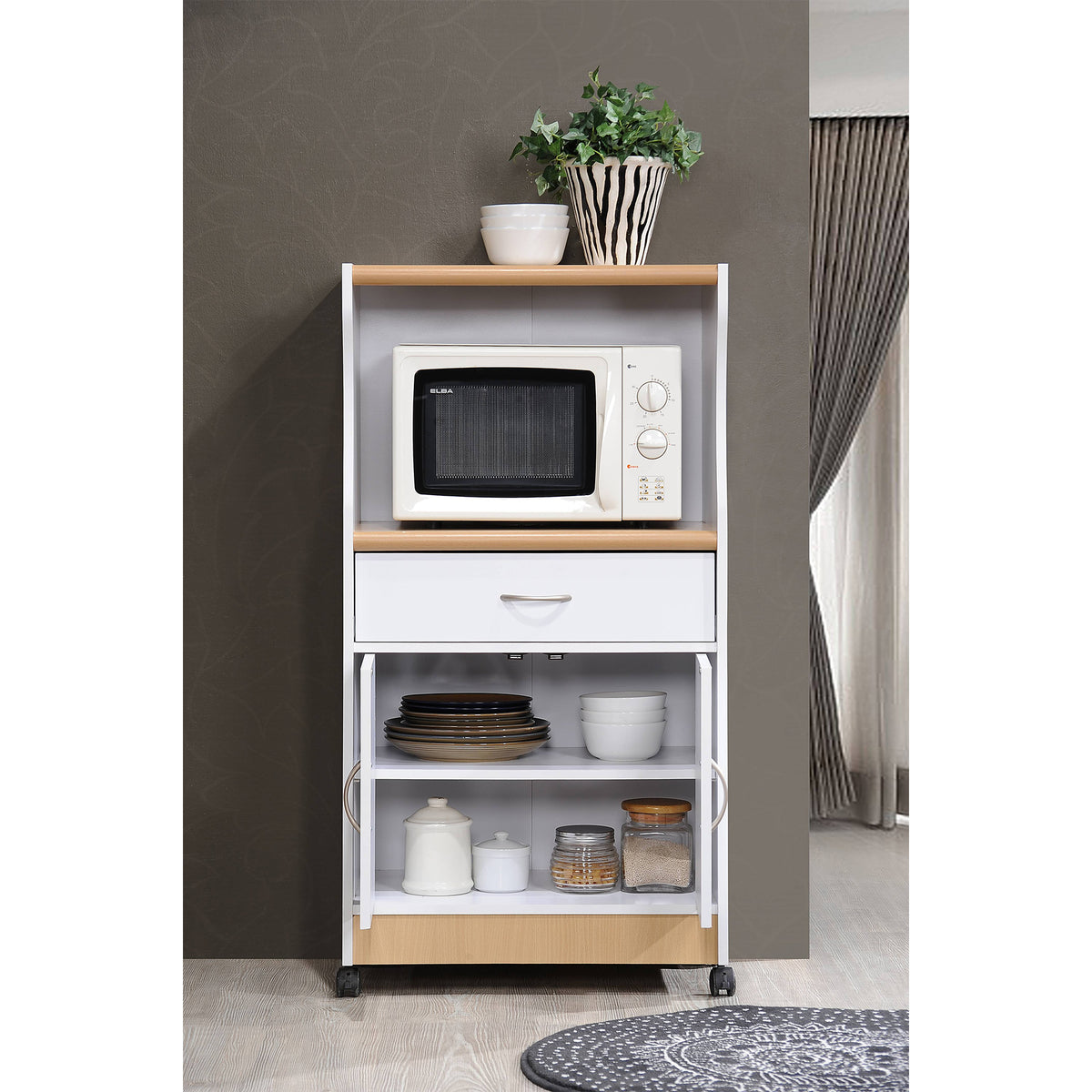 Hodedah Wheeled Kitchen Microwave Cart w/ Drawer and Cabinet Storage (Open Box)