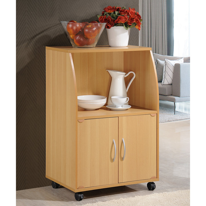 Hodedah Wooden Mini Wheeled Microwave Island Cart with Cabinet Storage, Beech