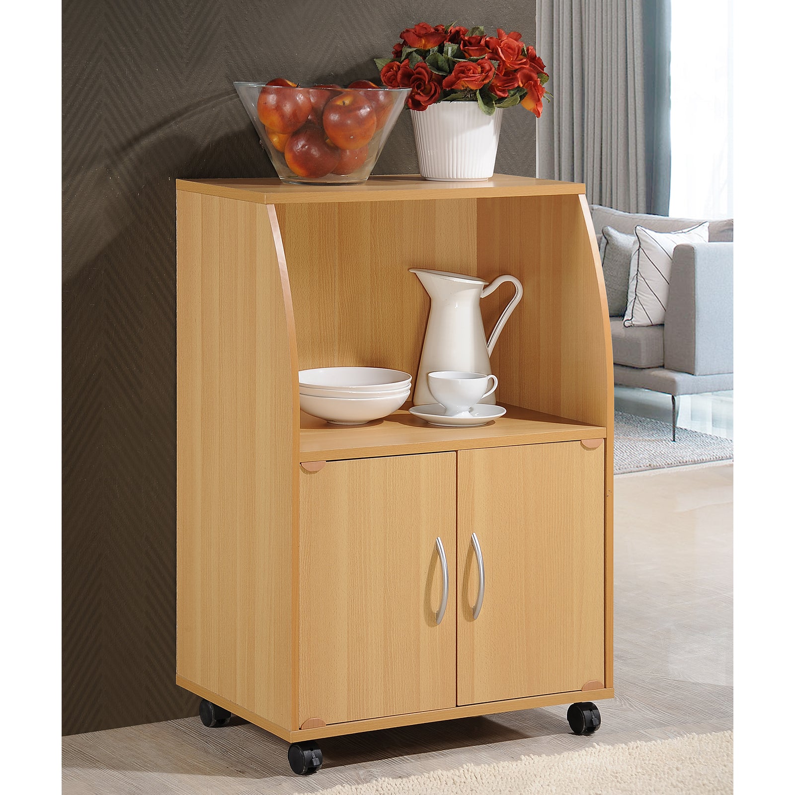 Hodedah Wooden Mini Wheeled Microwave Island Cart w/ Cabinet Storage (Open Box) - VMInnovations