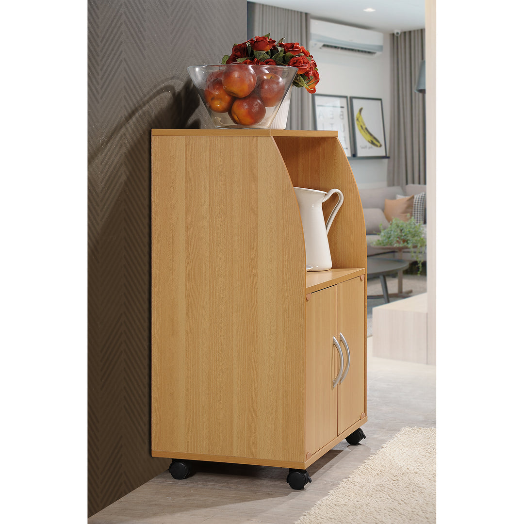 Hodedah Wooden Mini Wheeled Microwave Island Cart with Cabinet Storage, Beech