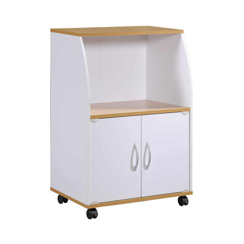 Hodedah Wooden Mini Wheeled Microwave Island Cart w/Cabinet Storage, White(Used)