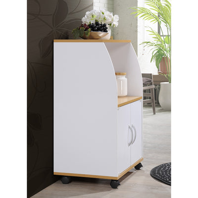 Hodedah Wooden Mini Wheeled Microwave Island Cart w/Cabinet Storage, White(Used) - VMInnovations