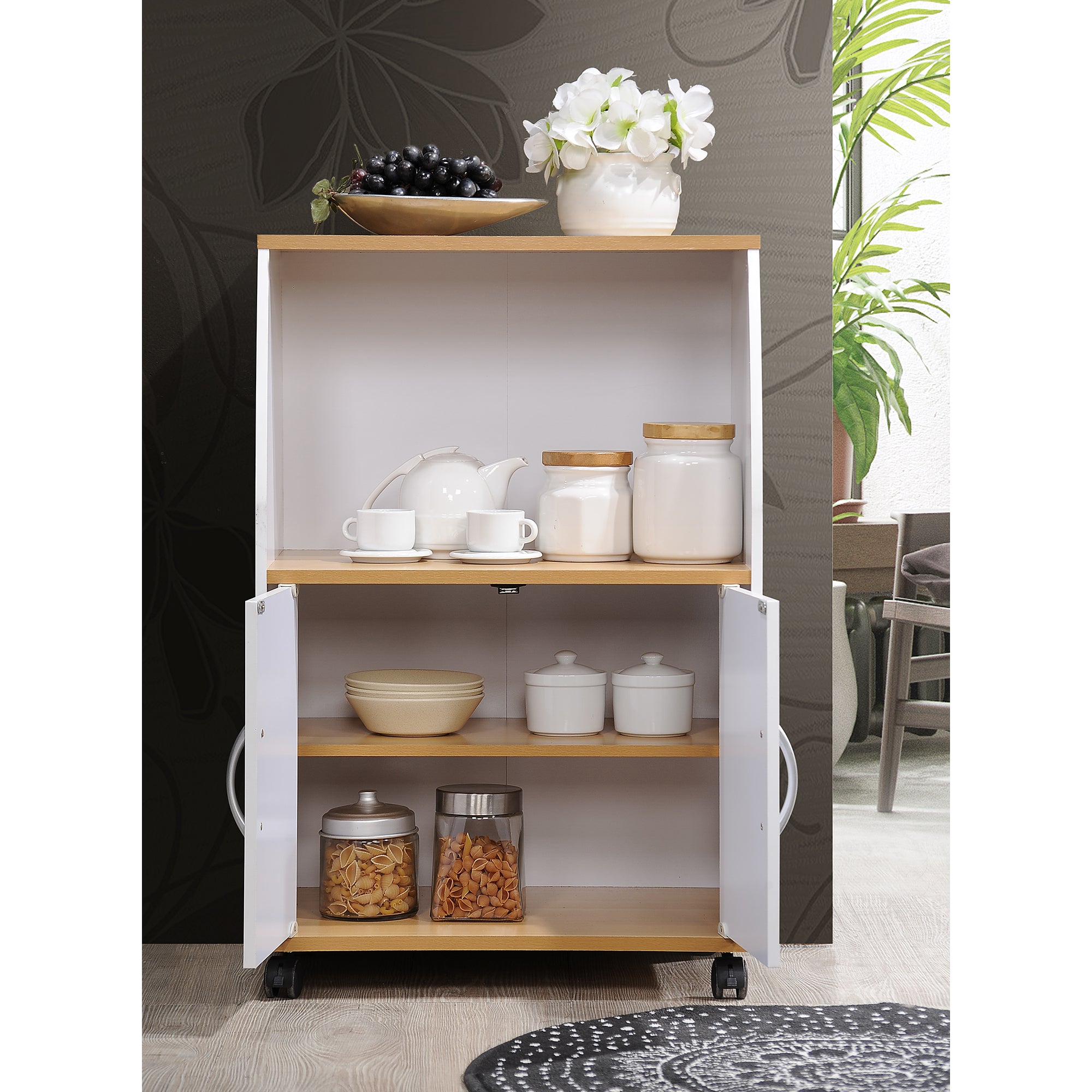 Hodedah Wooden Mini Wheeled Microwave Island Cart with Cabinet Storage, White - VMInnovations