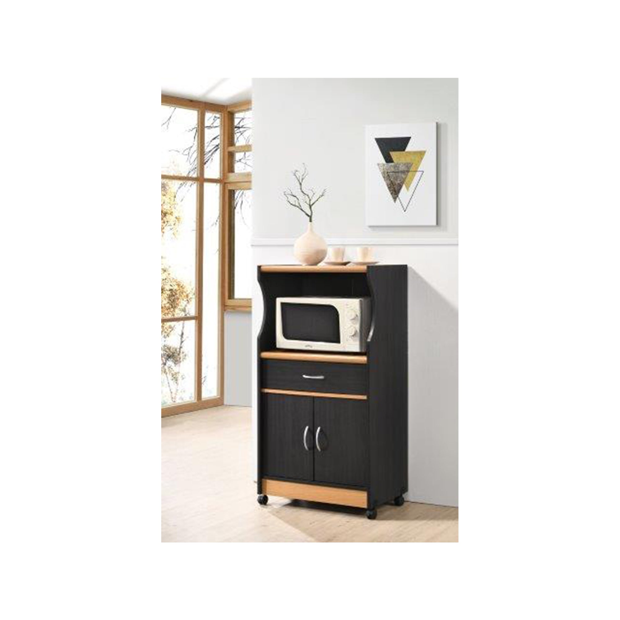 Wheeled Microwave Island Cart w/ Drawer & Cabinet Storage,Black Beech(For Parts)