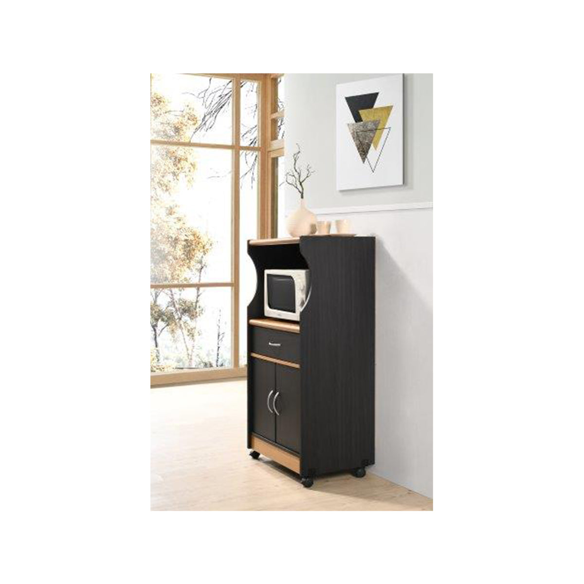 Wheeled Microwave Island Cart w/ Drawer & Cabinet Storage,Black Beech(For Parts)