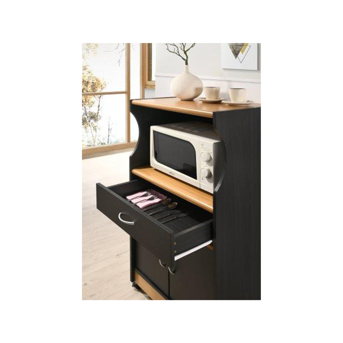 Wheeled Microwave Island Cart w/ Drawer & Cabinet Storage,Black Beech(For Parts)